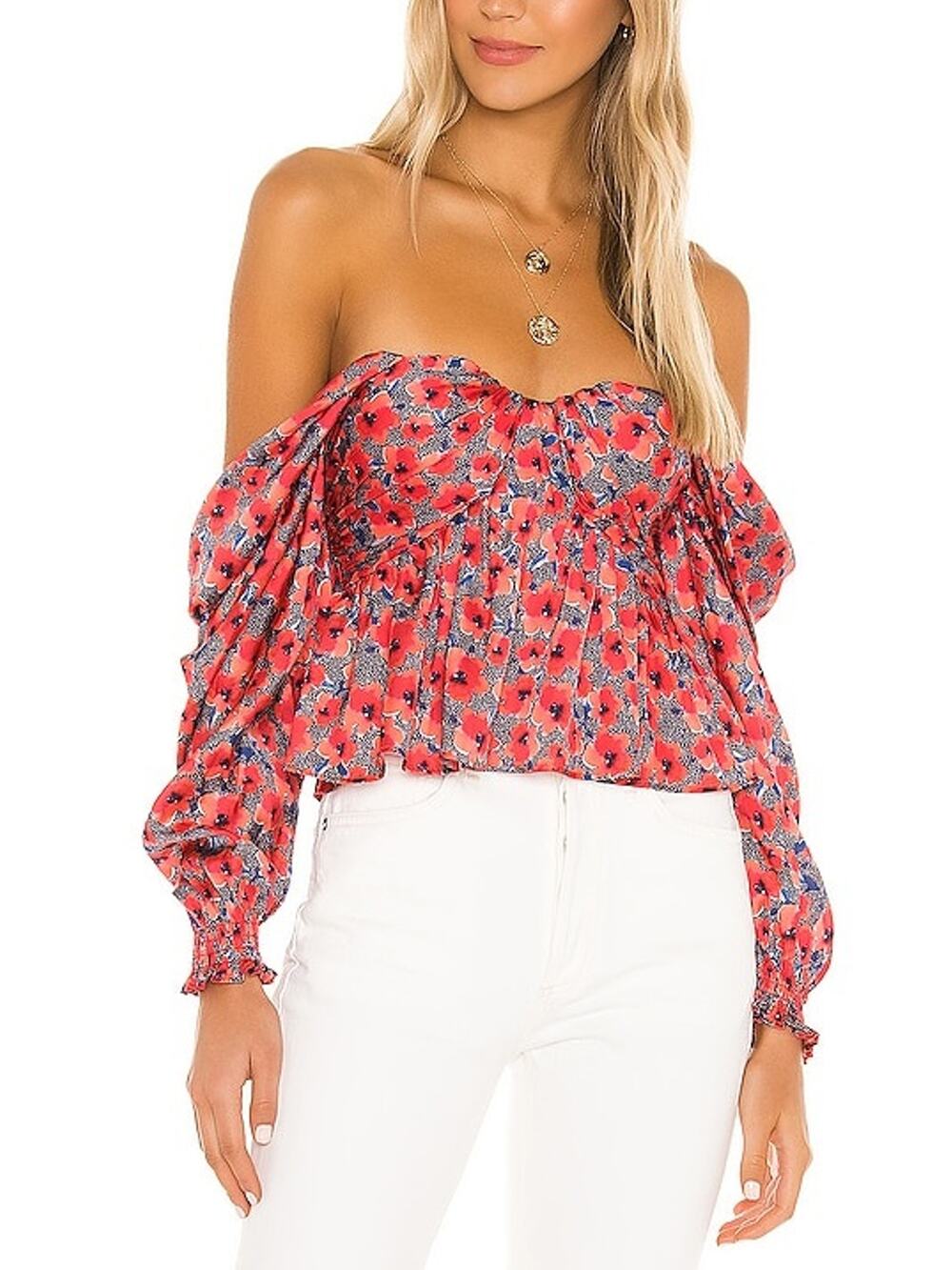 House Of Harlow 1960 Smocked Red Poppy Floral Burna Blouse Size S